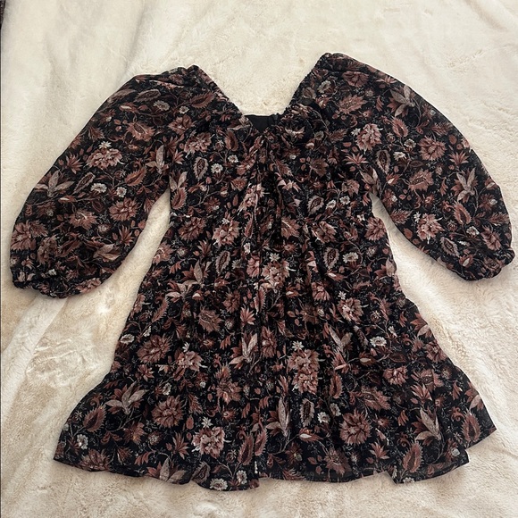 Madewell Tops - Madewell Black Floral Puff-Sleeve Dress with Pink, Maroon and Cream Blooms, 12